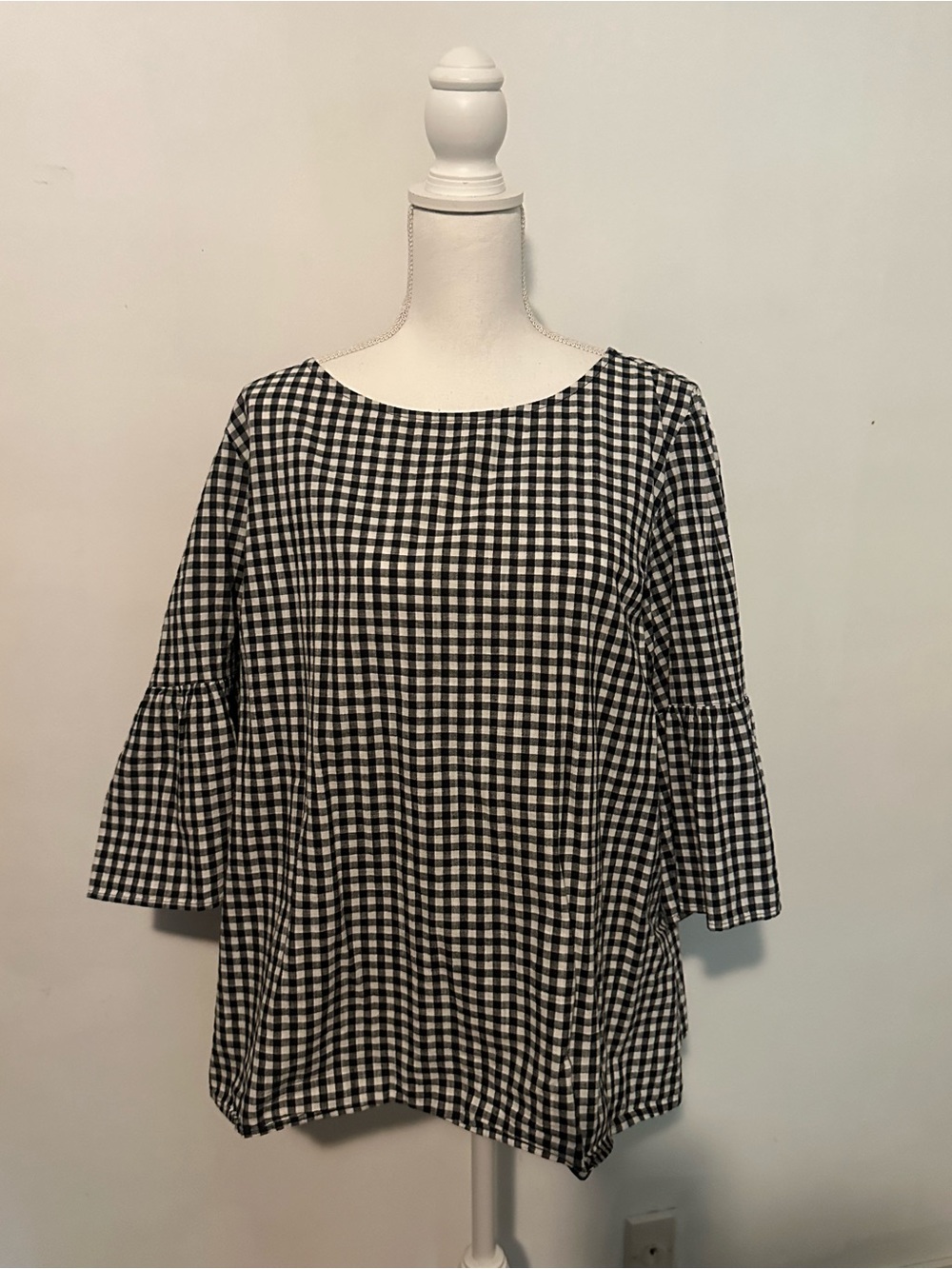 Time and Tru Black and White Gingham Bell Sleeve Blouse